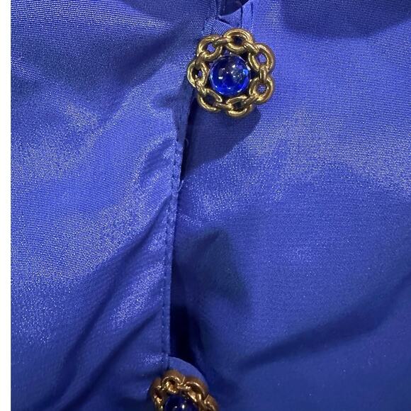 Vintage Cobalt Blue Satin Blouse Rhinestone Buttons Timeless Effortless Elegance - Picture 6 of 9